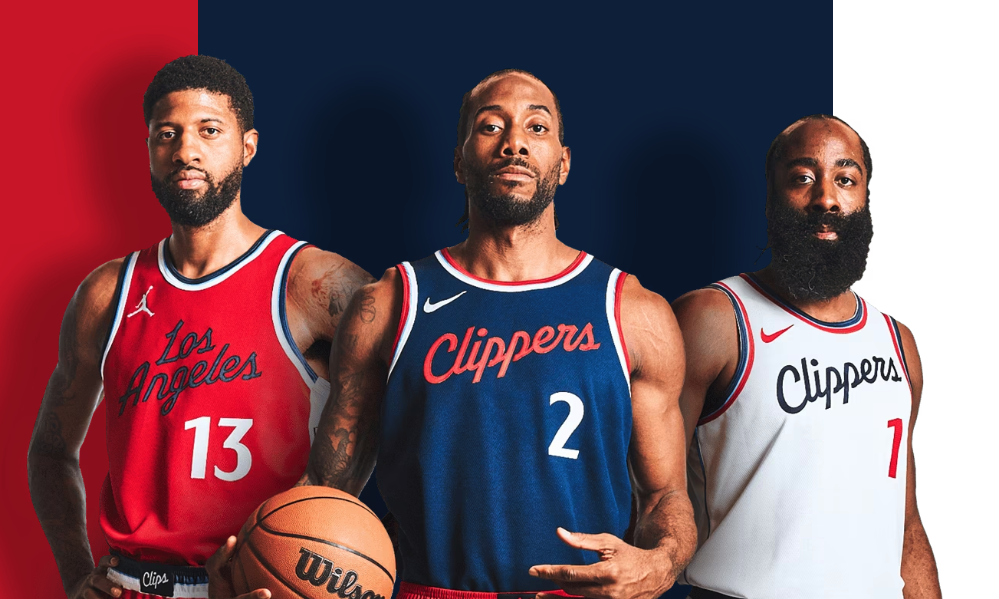 Paul George(left), Kawhi Leonard(middle), James Harden(right) wearing new Clippers jerseys (Courtes...